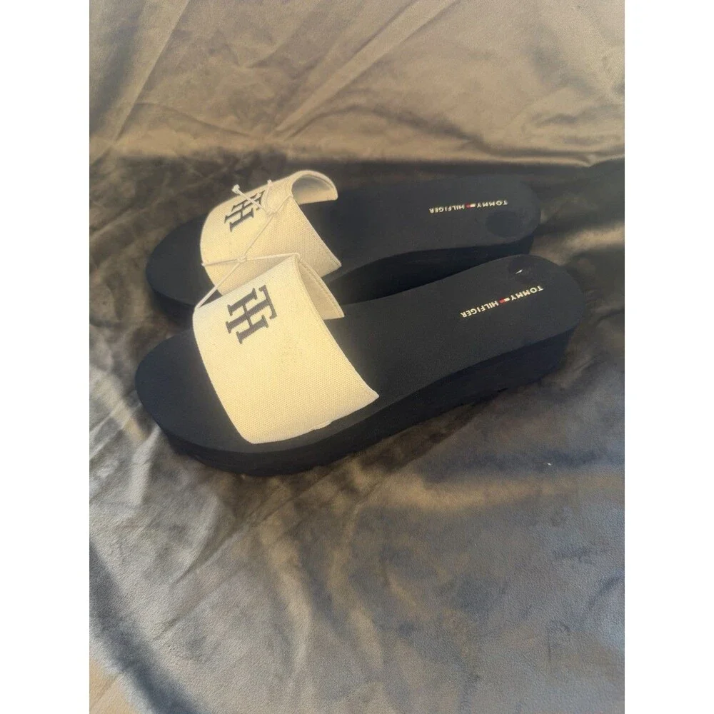 Tommy Hilfiger Mens TWADELIN-C Slide Sandals Black/White Logo US 10 Textile